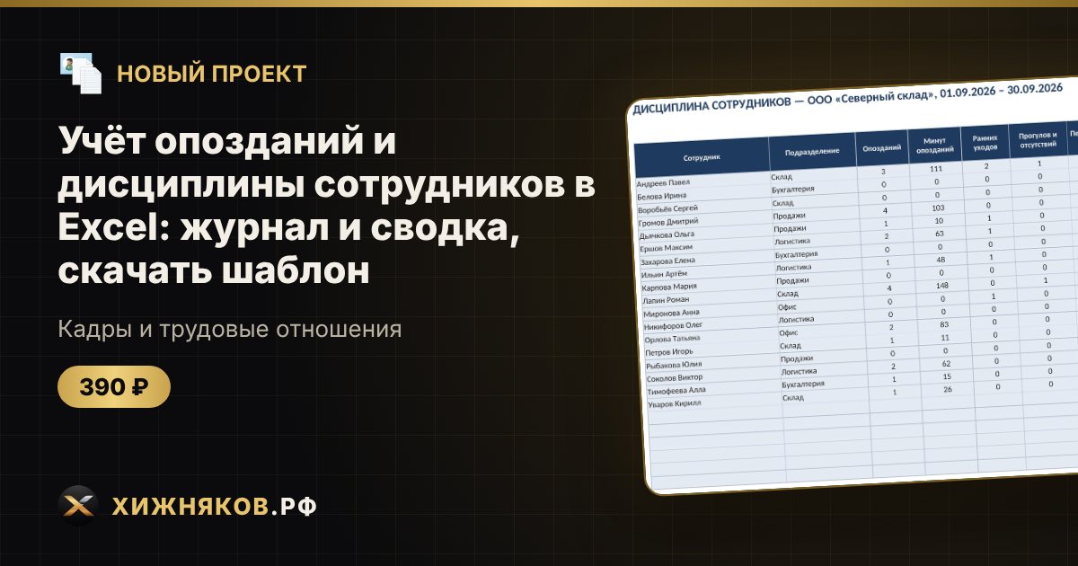 Учёт опозданий и дисциплины сотрудников в Excel: журнал и сводка, скачать шаблон — фото 1