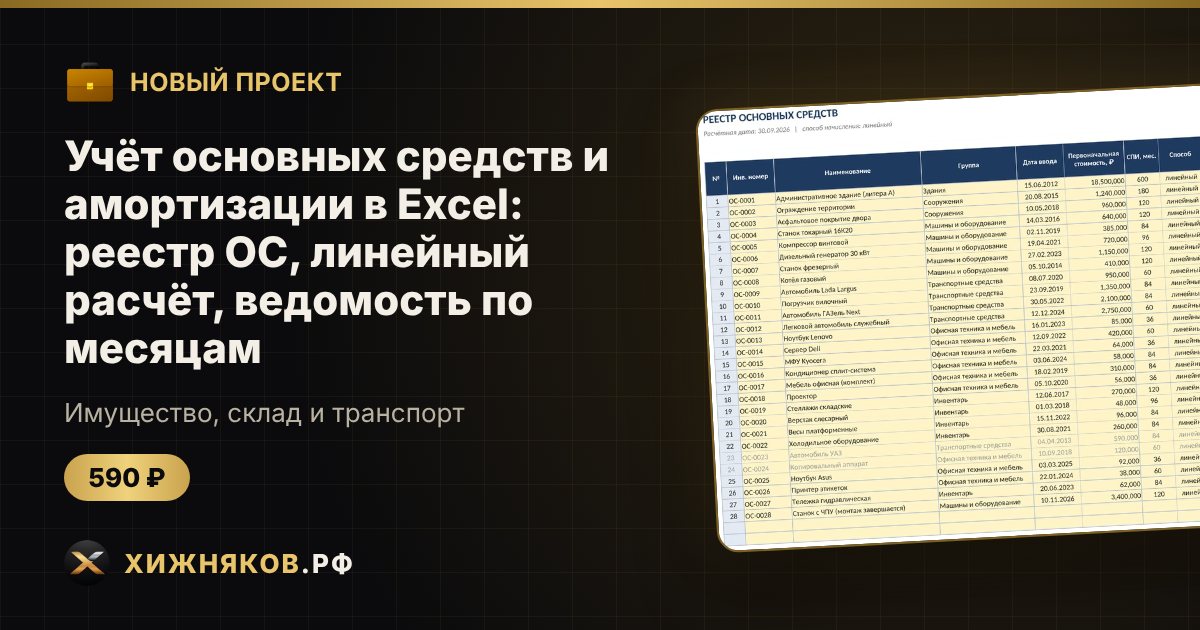 Учёт основных средств и амортизации в Excel: реестр ОС, линейный расчёт, ведомость по месяцам — фото 1