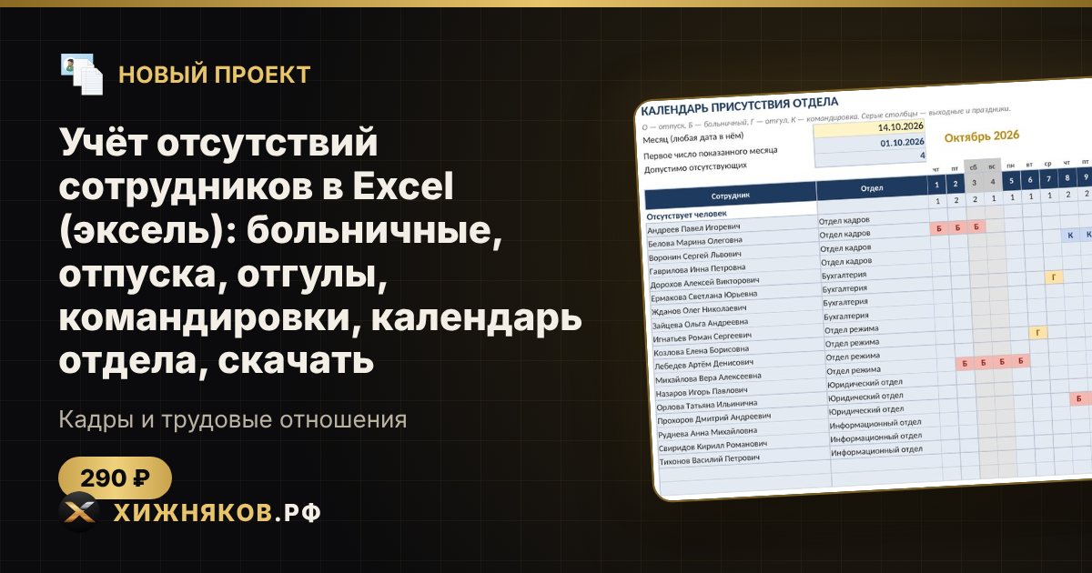 Учёт отсутствий сотрудников в Excel (эксель): больничные, отпуска, отгулы, командировки, календарь отдела, скачать — фото 1