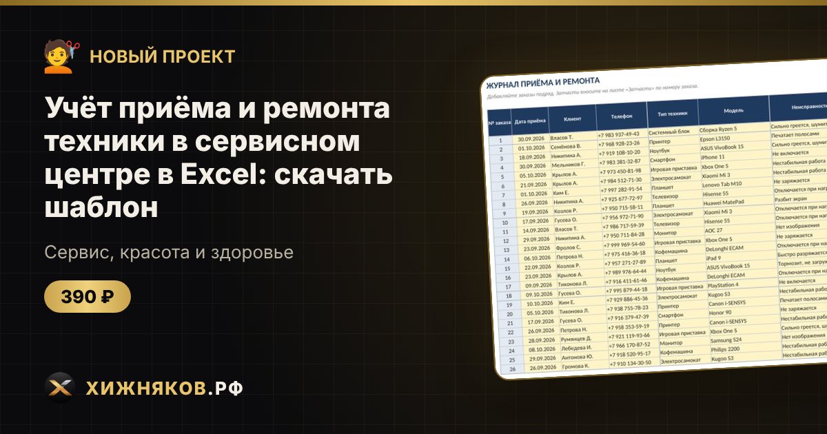 Учёт приёма и ремонта техники в сервисном центре в Excel: скачать шаблон — фото 1