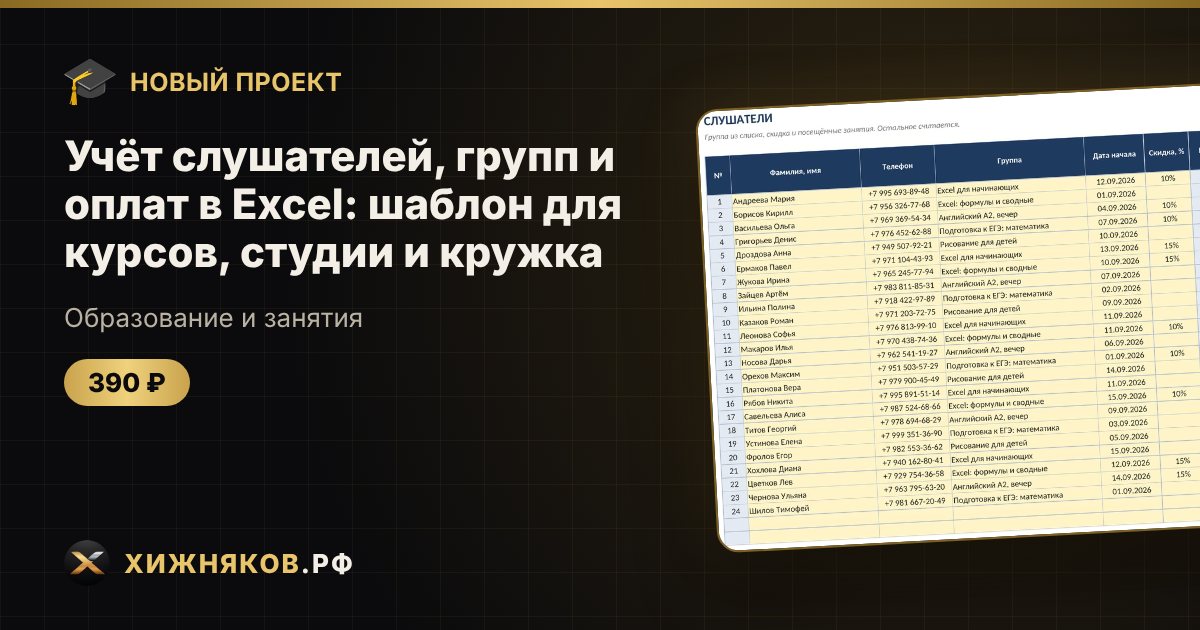 Учёт слушателей, групп и оплат в Excel: шаблон для курсов, студии и кружка — фото 1