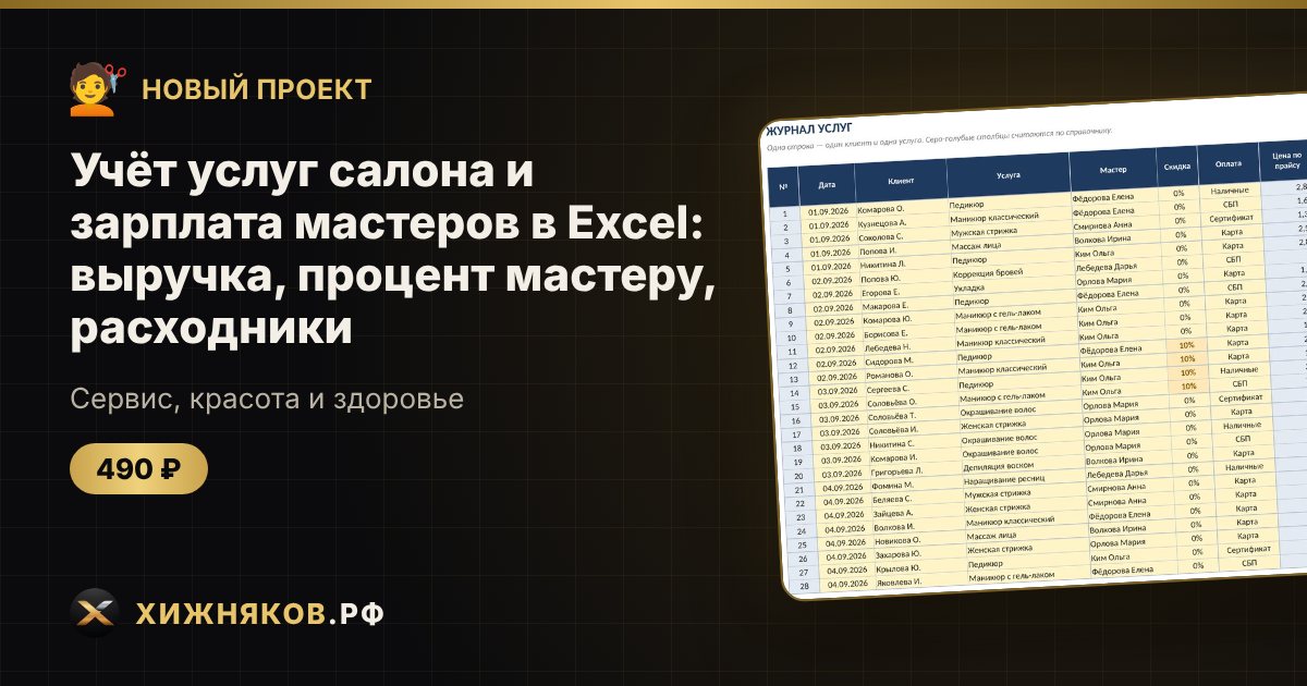 Учёт услуг салона и зарплата мастеров в Excel: выручка, процент мастеру, расходники — фото 1