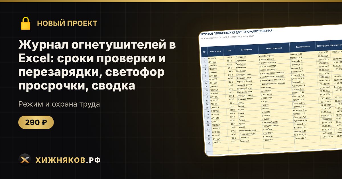 Журнал огнетушителей в Excel: сроки проверки и перезарядки, светофор просрочки, сводка — фото 1