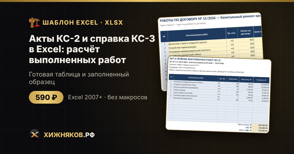 Акты КС-2 и справка КС-3 в Excel: расчёт выполненных работ — фото 2