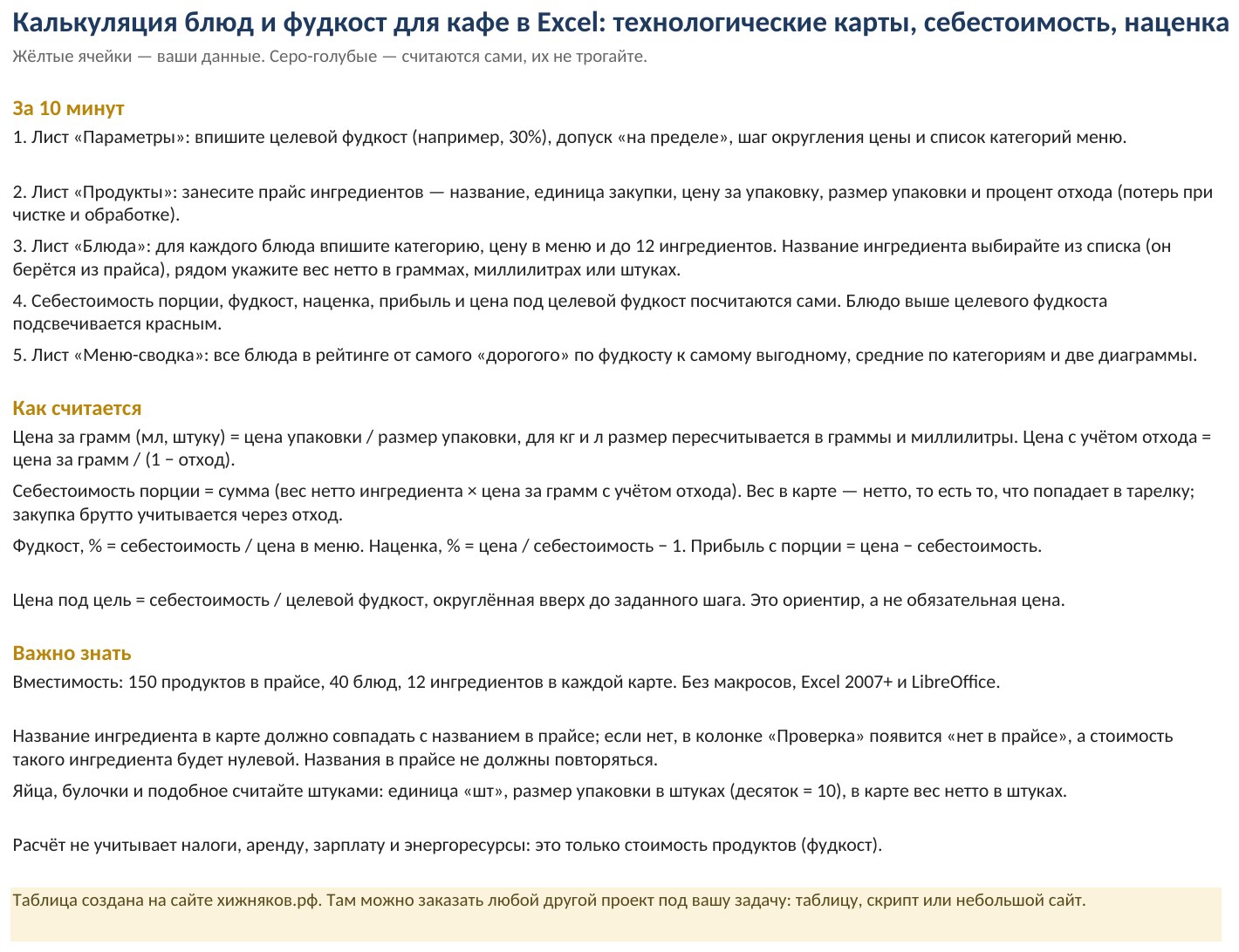 Калькуляция блюд и фудкост для кафе в Excel: технологические карты, себестоимость, наценка — фото 6