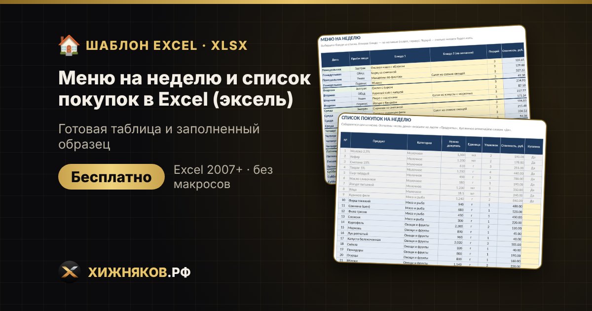 Меню на неделю и список покупок в Excel (эксель): планировщик питания, скачать бесплатно