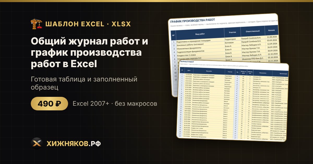 Общий журнал работ и график производства работ в Excel: записи, объёмы, диаграмма Ганта — скачать