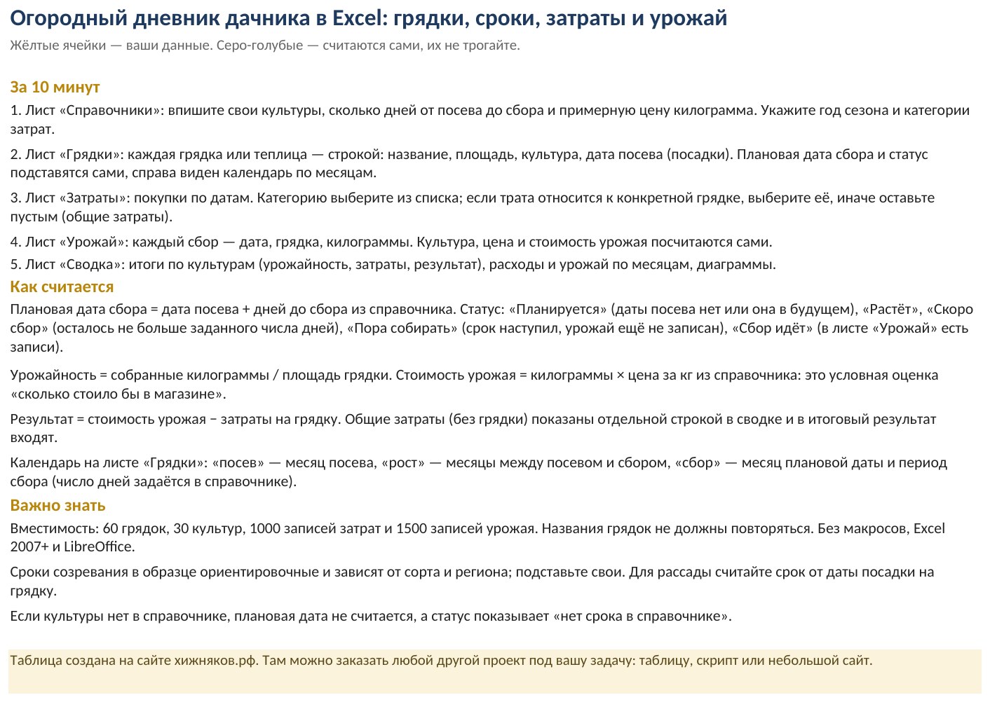 Огородный дневник дачника в Excel: грядки, сроки сбора, затраты и урожай — скриншот