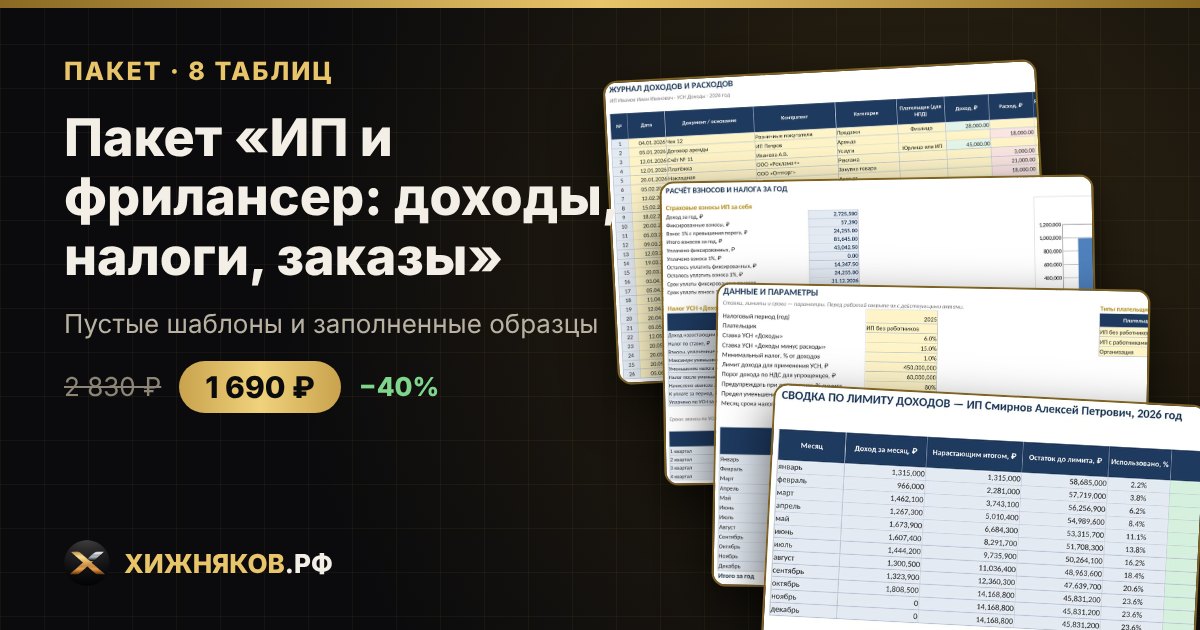 Пакет «ИП и фрилансер: доходы, налоги, заказы» в Excel — фото 3
