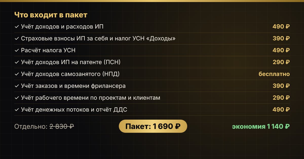 Пакет «ИП и фрилансер: доходы, налоги, заказы» в Excel — фото 4
