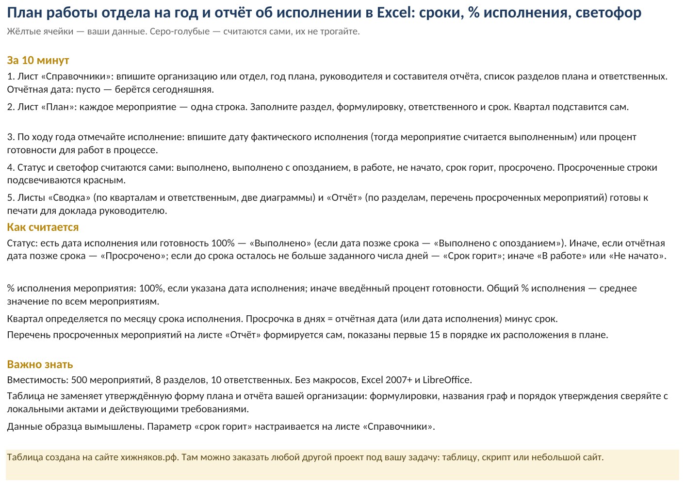 План работы отдела на год и отчёт об исполнении в Excel: образец, шаблон, скачать — фото 6