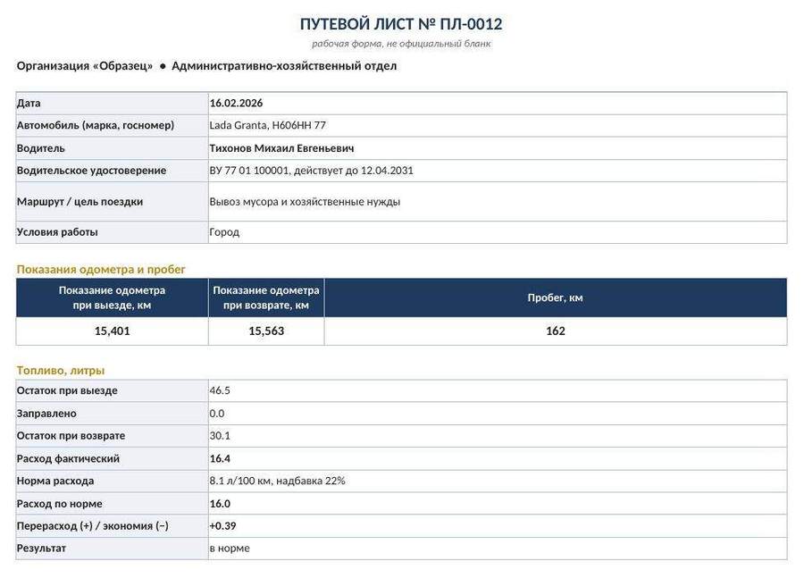 Путевые листы и учёт ГСМ в Excel: расход топлива по норме — скриншот