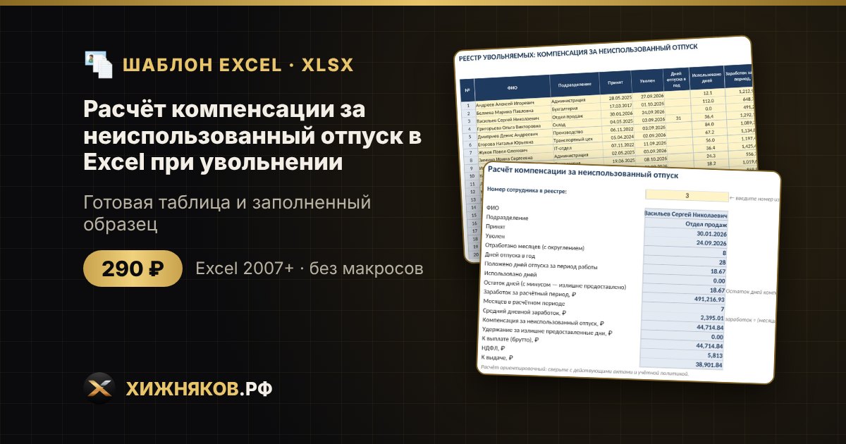 Расчёт компенсации за неиспользованный отпуск в Excel при увольнении