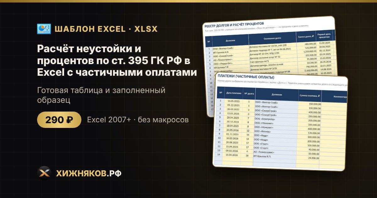 Расчёт неустойки и процентов по ст. 395 ГК РФ в Excel с частичными оплатами