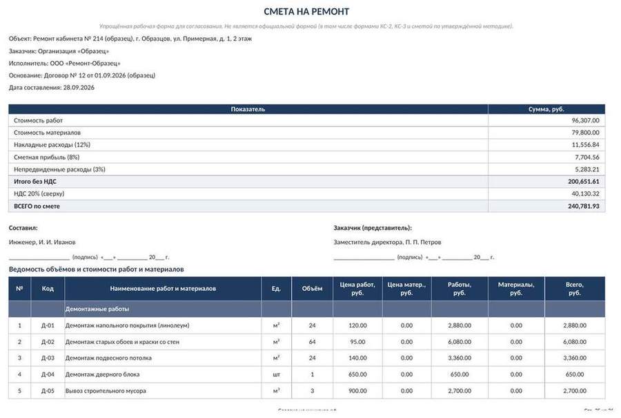 Смета на ремонт в Excel: ведомость объёмов работ и материалов — скриншот