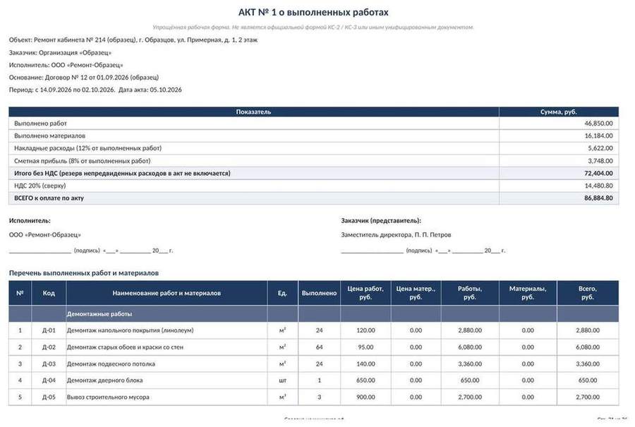 Смета на ремонт в Excel: ведомость объёмов работ и материалов — скриншот