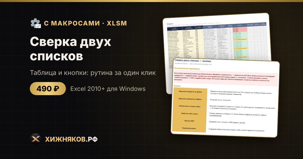 Сверка двух списков с макросами в Excel