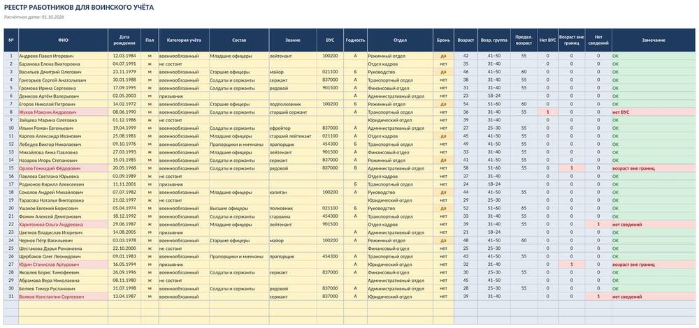Сводный отчёт по воинскому учёту в Excel: реестр работников, категории, возраст, проверки — фото 3