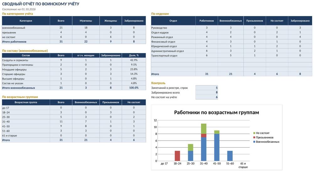 Сводный отчёт по воинскому учёту в Excel: реестр работников, категории, возраст, проверки — фото 4