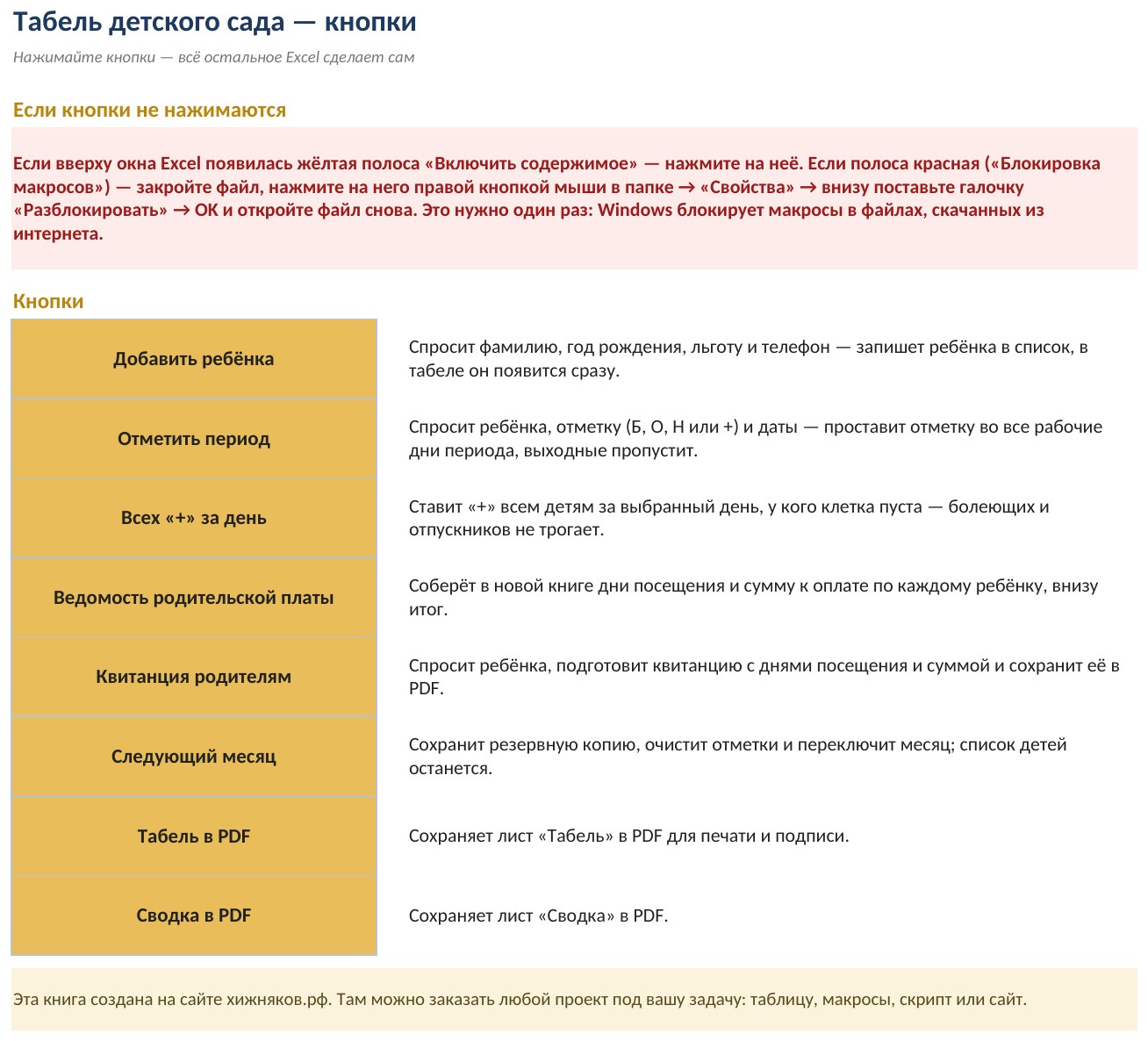 Табель посещаемости детского сада с макросами в Excel: квитанции родителям кнопкой — фото 3