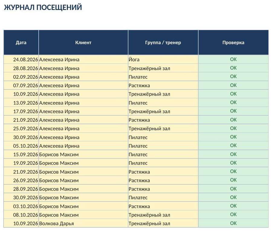 Учёт абонементов и посещений в Excel — фото 4