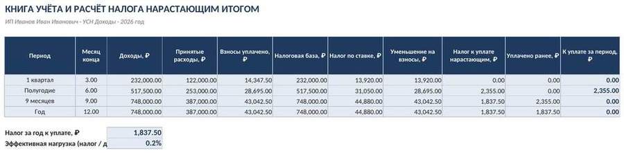 Учёт доходов и расходов ИП в Excel — скриншот