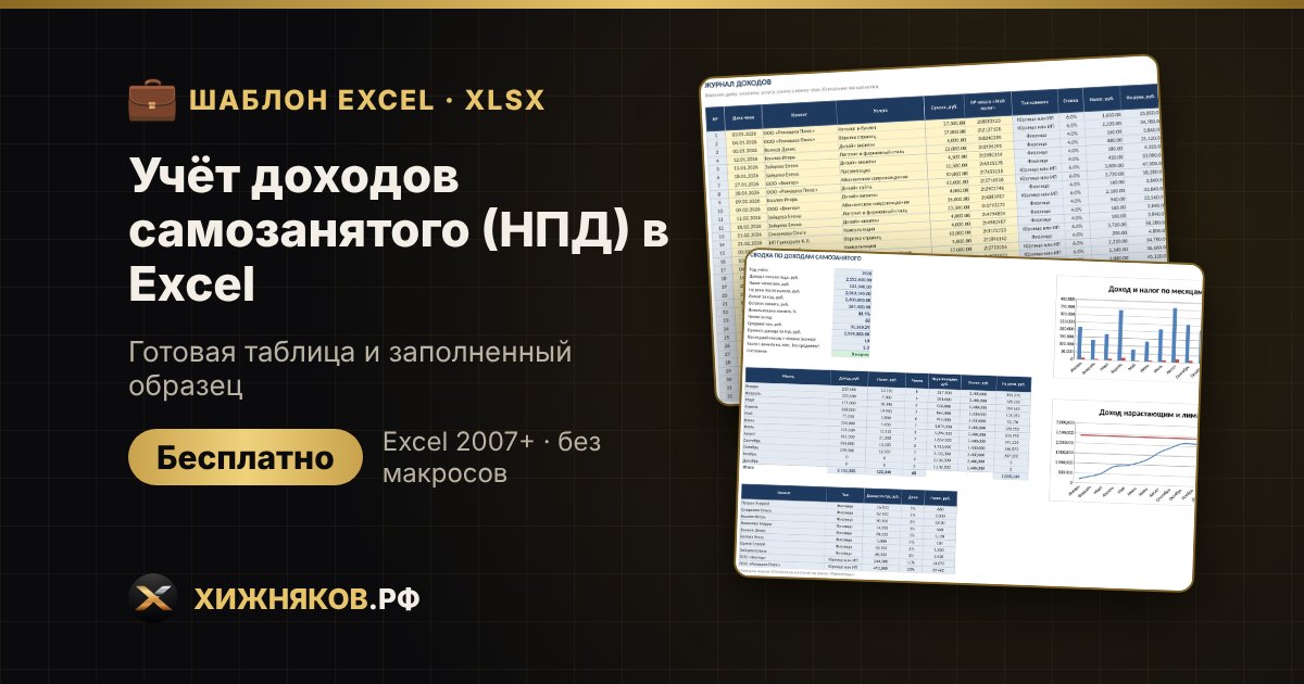 Учёт доходов самозанятого (НПД) в Excel: чеки, налог 4% и 6%, лимит 2,4 млн