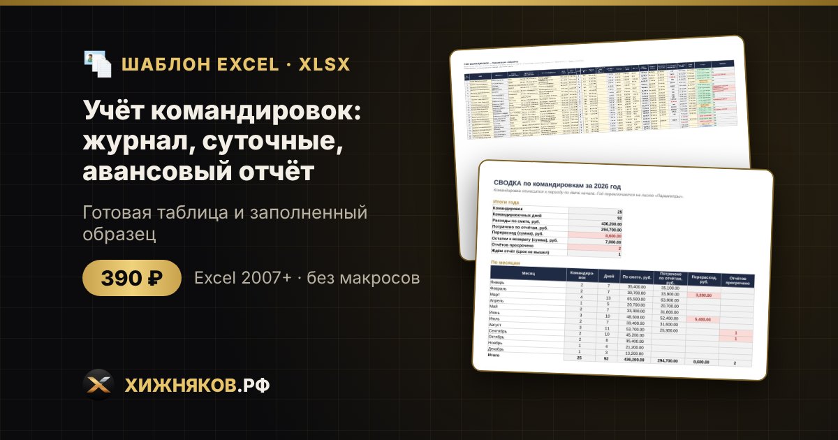 Учёт командировок: журнал, суточные, авансовый отчёт в Excel