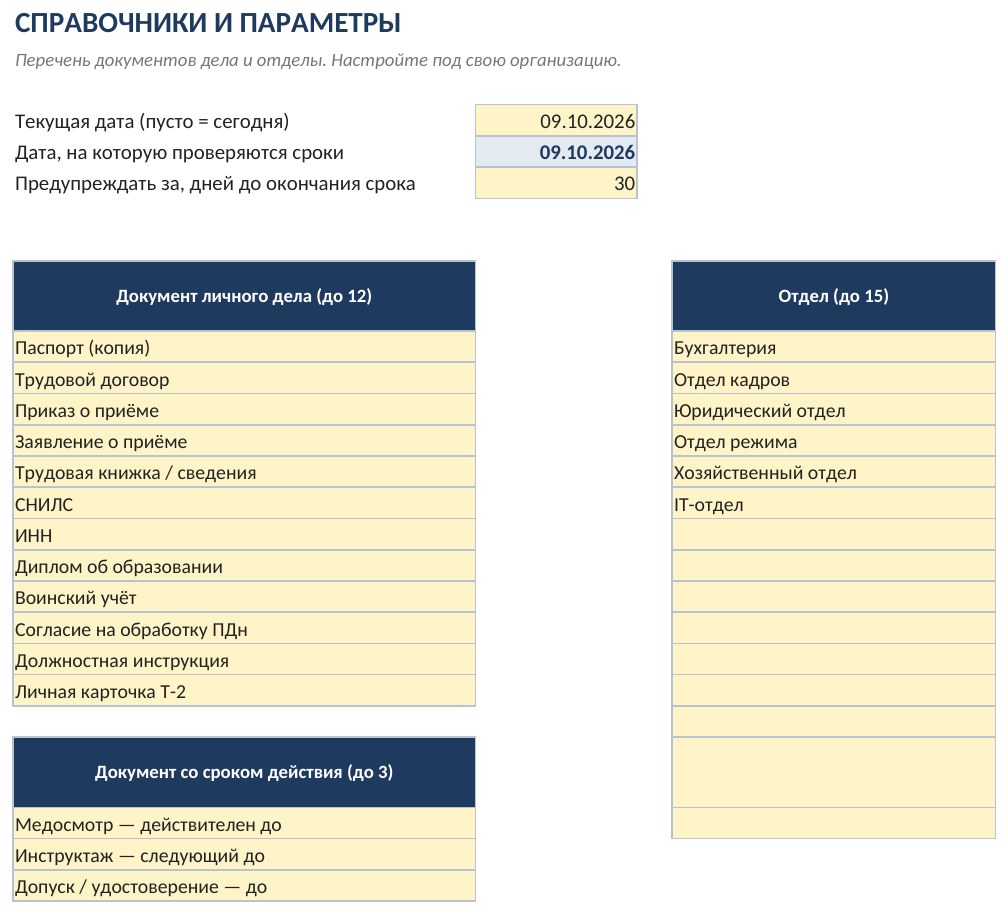 Учёт личных дел сотрудников в Excel: комплектность документов, сроки, чего не хватает — скачать шаблон — скриншот
