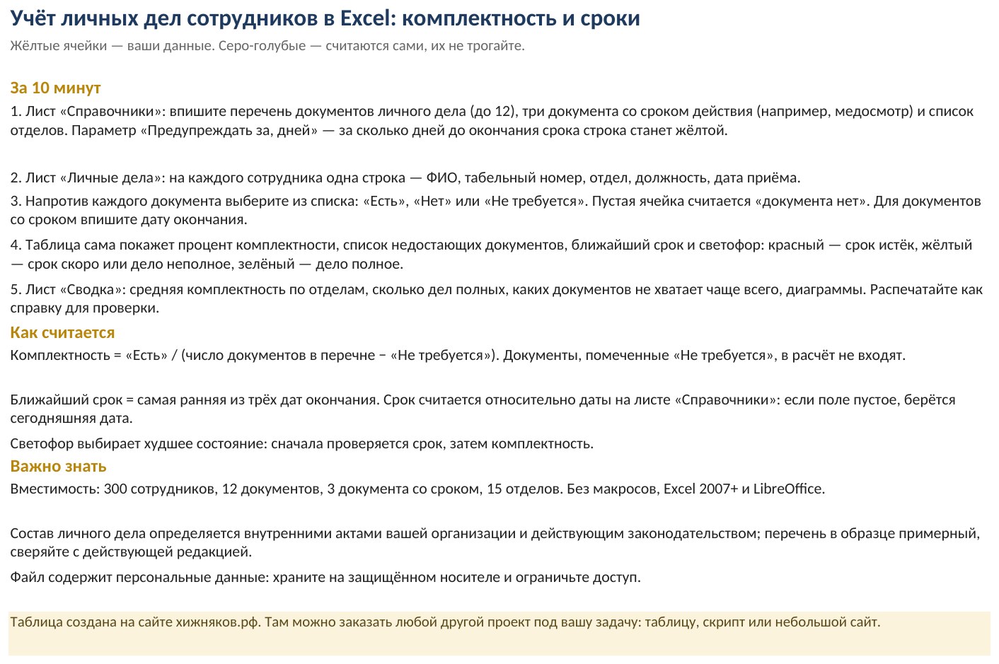 Учёт личных дел сотрудников в Excel: комплектность документов, сроки, чего не хватает — скачать шаблон — скриншот