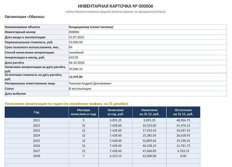 Учёт материальных ценностей и акты списания в Excel — скриншот