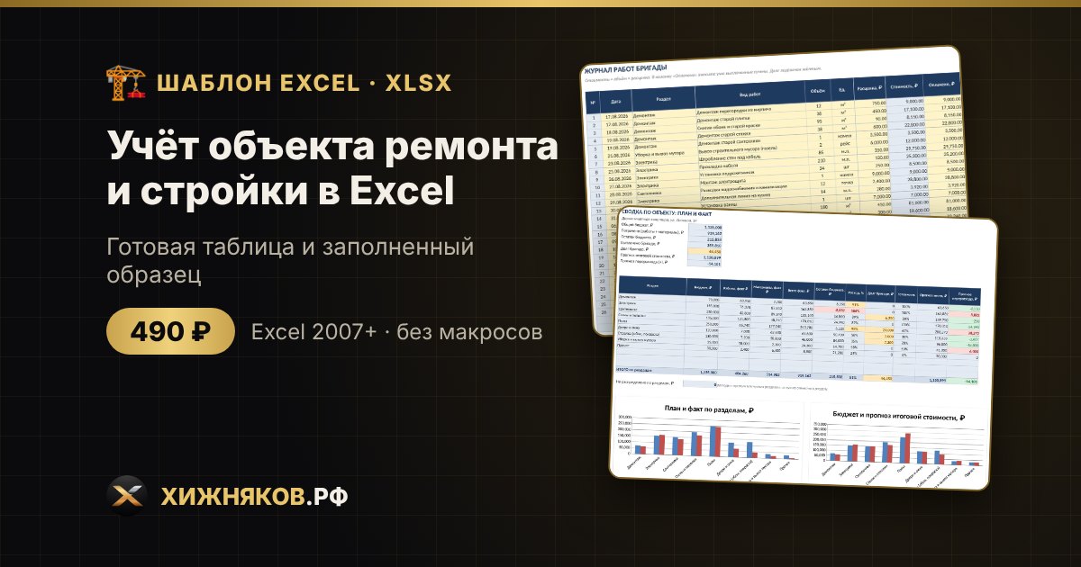 Учёт объекта ремонта и стройки в Excel: работы бригады, материалы, оплаты, остаток бюджета