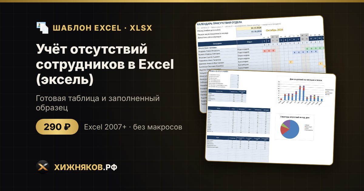 Учёт отсутствий сотрудников в Excel (эксель): больничные, отпуска, отгулы, командировки, календарь отдела, скачать