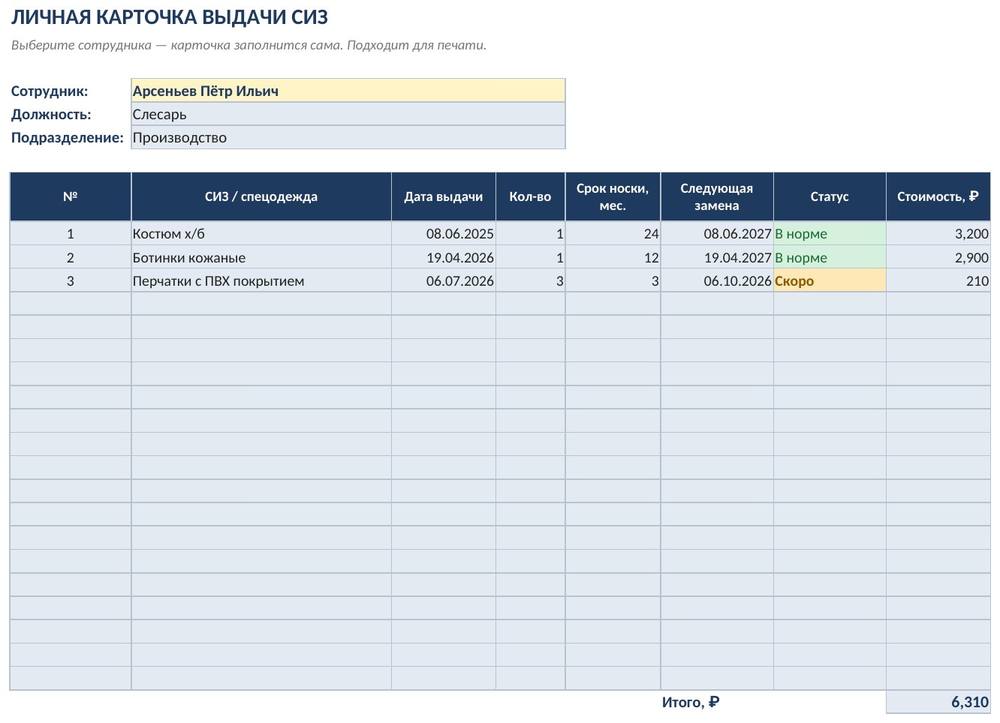 Учёт выдачи СИЗ и спецодежды в Excel: личные карточки, сроки замены, затраты, потребность — скриншот
