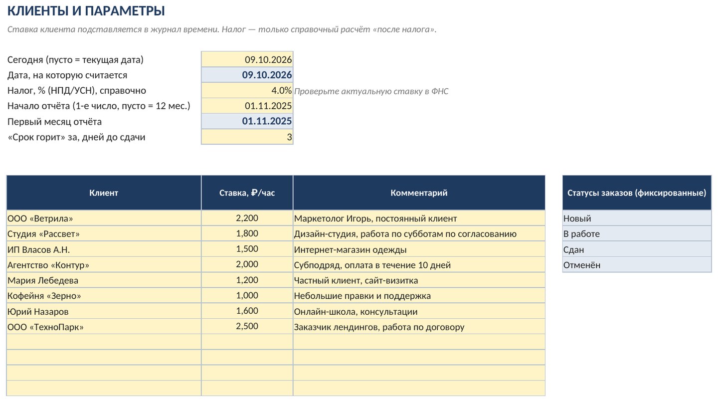 Учёт заказов и времени фрилансера в Excel: тайм-трекер, ставки, счета, оплаты — скриншот