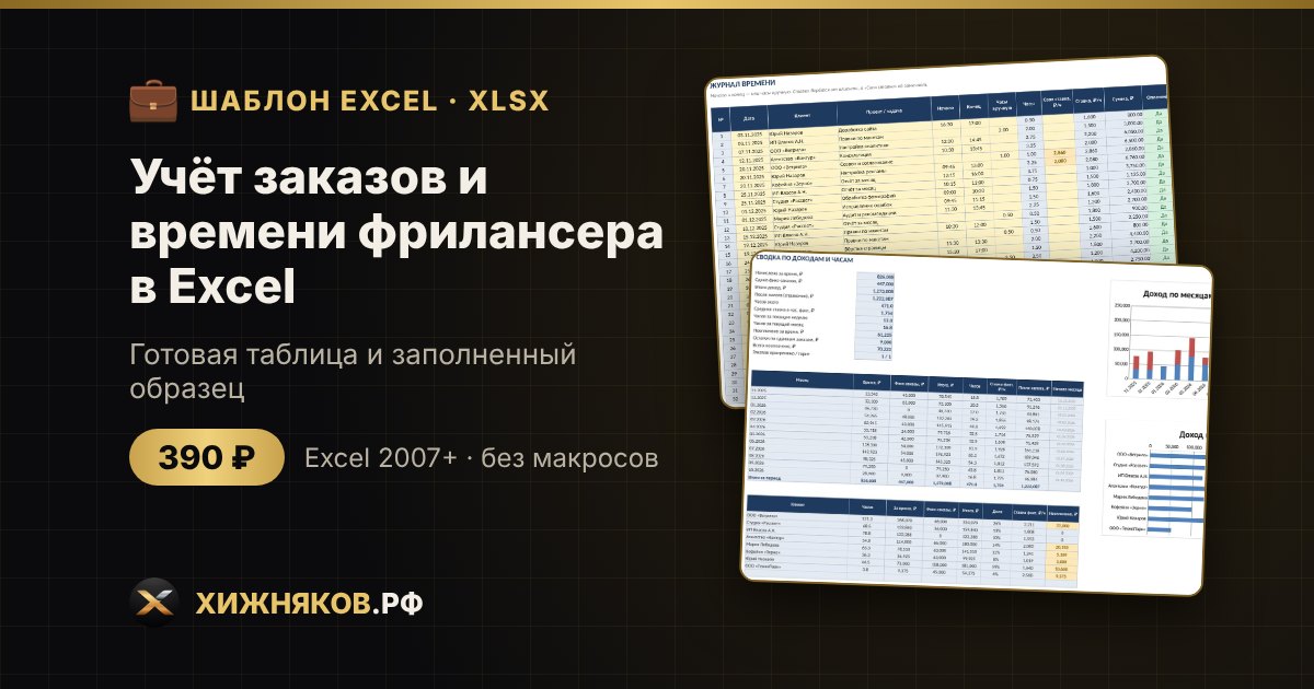 Учёт заказов и времени фрилансера в Excel: тайм-трекер, ставки, счета, оплаты
