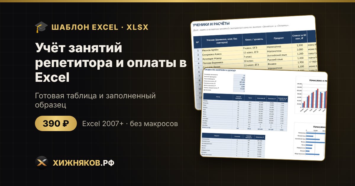 Учёт занятий репетитора и оплаты в Excel: ученики, долги, доход по месяцам