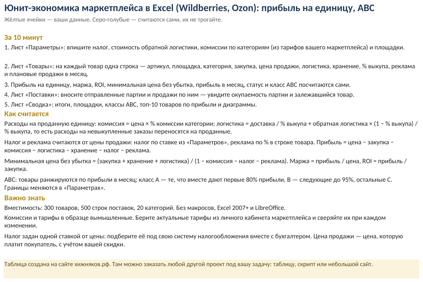 Юнит-экономика Wildberries и Ozon в Excel: прибыль на единицу, маржа, ABC — скриншот