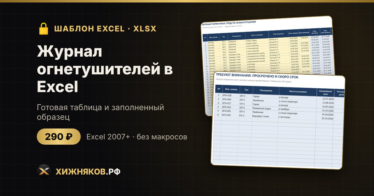 Журнал огнетушителей в Excel: сроки проверки и перезарядки, светофор просрочки, сводка — фото 2