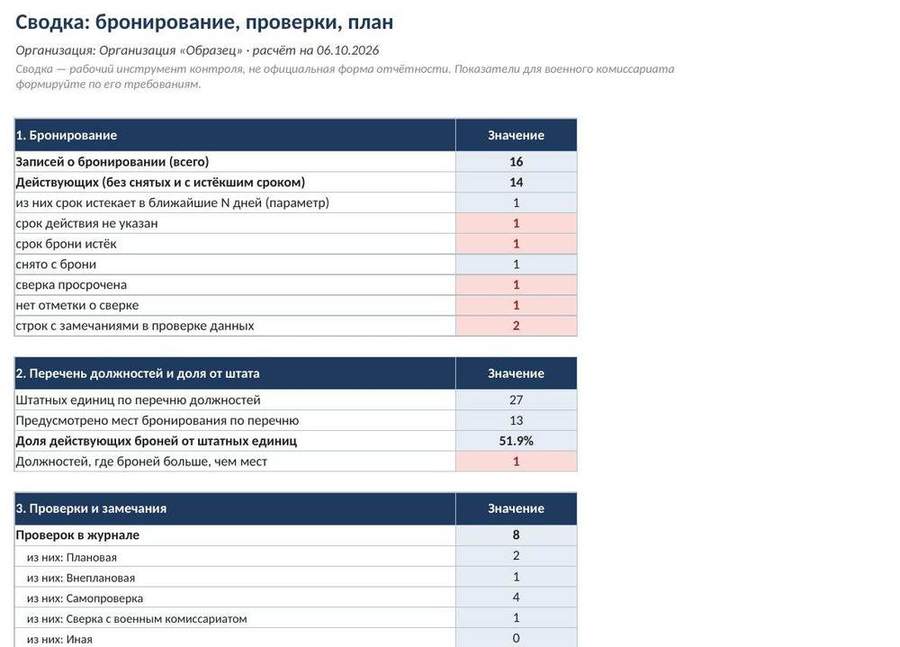 Бронирование и проверки воинского учёта в Excel: журнал проверок и план мероприятий — скриншот