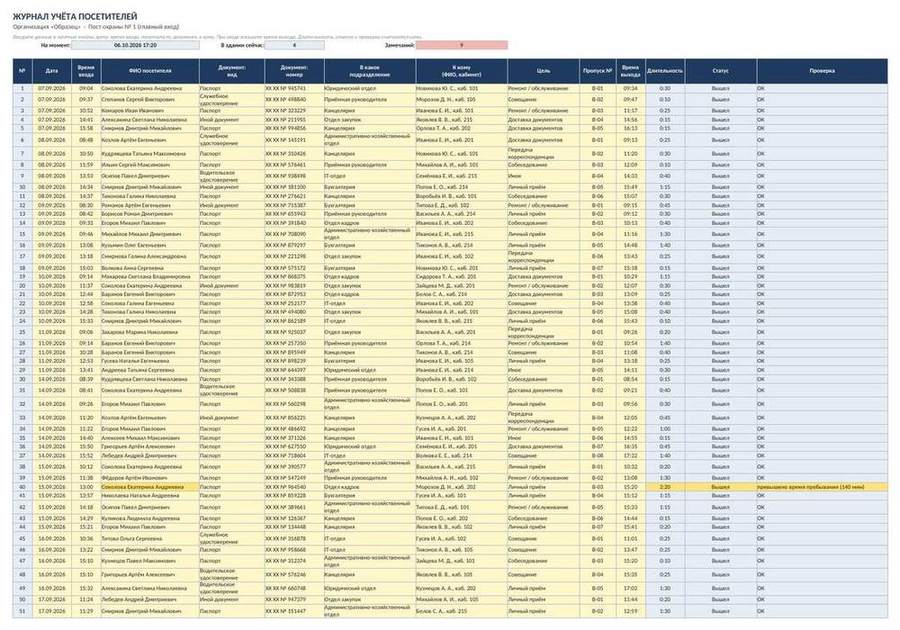 Журналы КПП в Excel: учёт посетителей, выдачи ключей и пропусков — скриншот